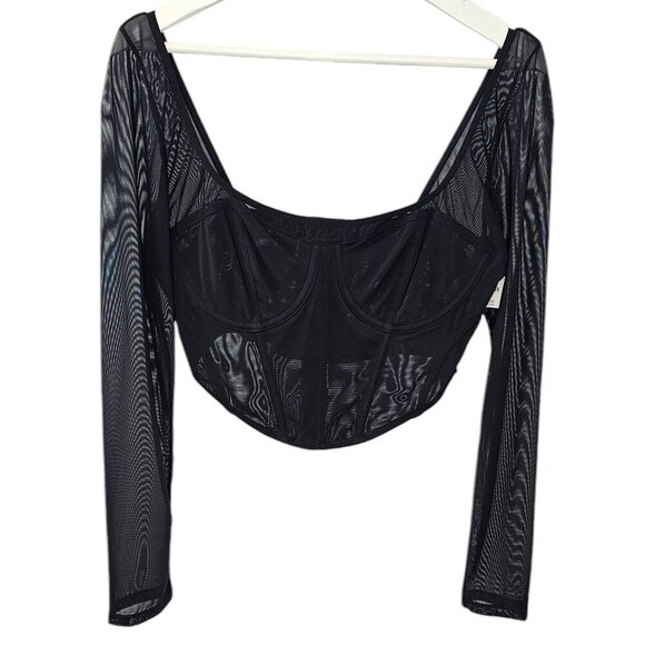 Anthropologie Long Sleeve Mesh Crop Top Black Size Large Boned Sheer NWT - Picture 1 of 12